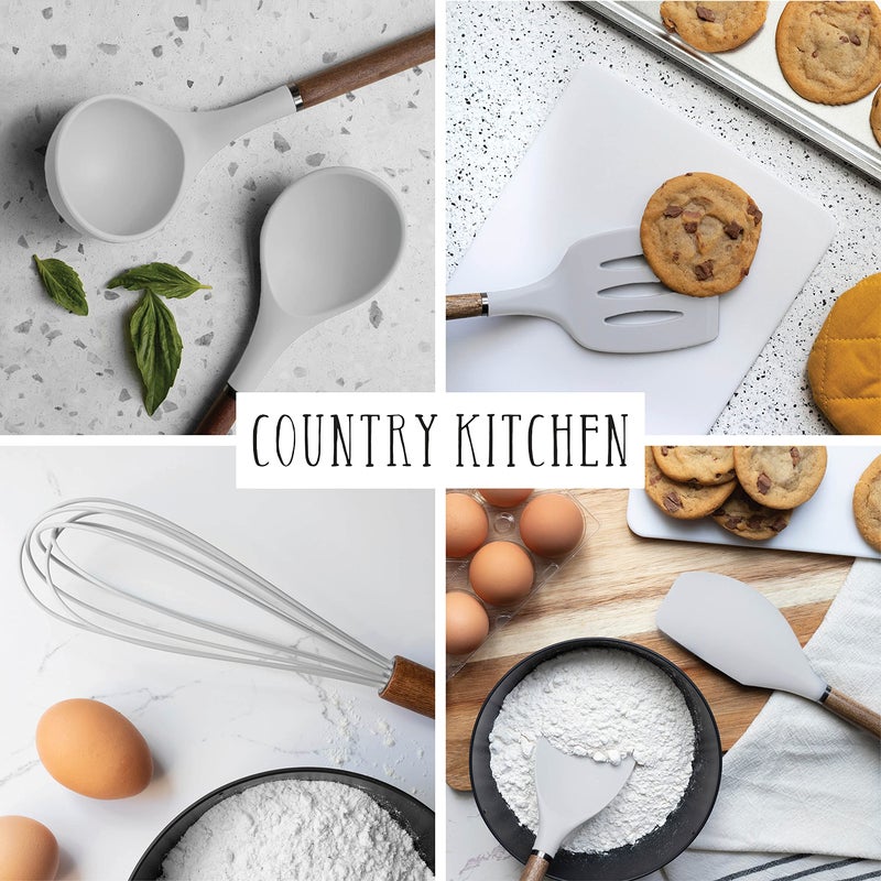 Country Kitchen Non Stick Silicone Utensil Set with Rounded Wood Handles for Cooking and Baking, 8 Piece Set, White - Image 3